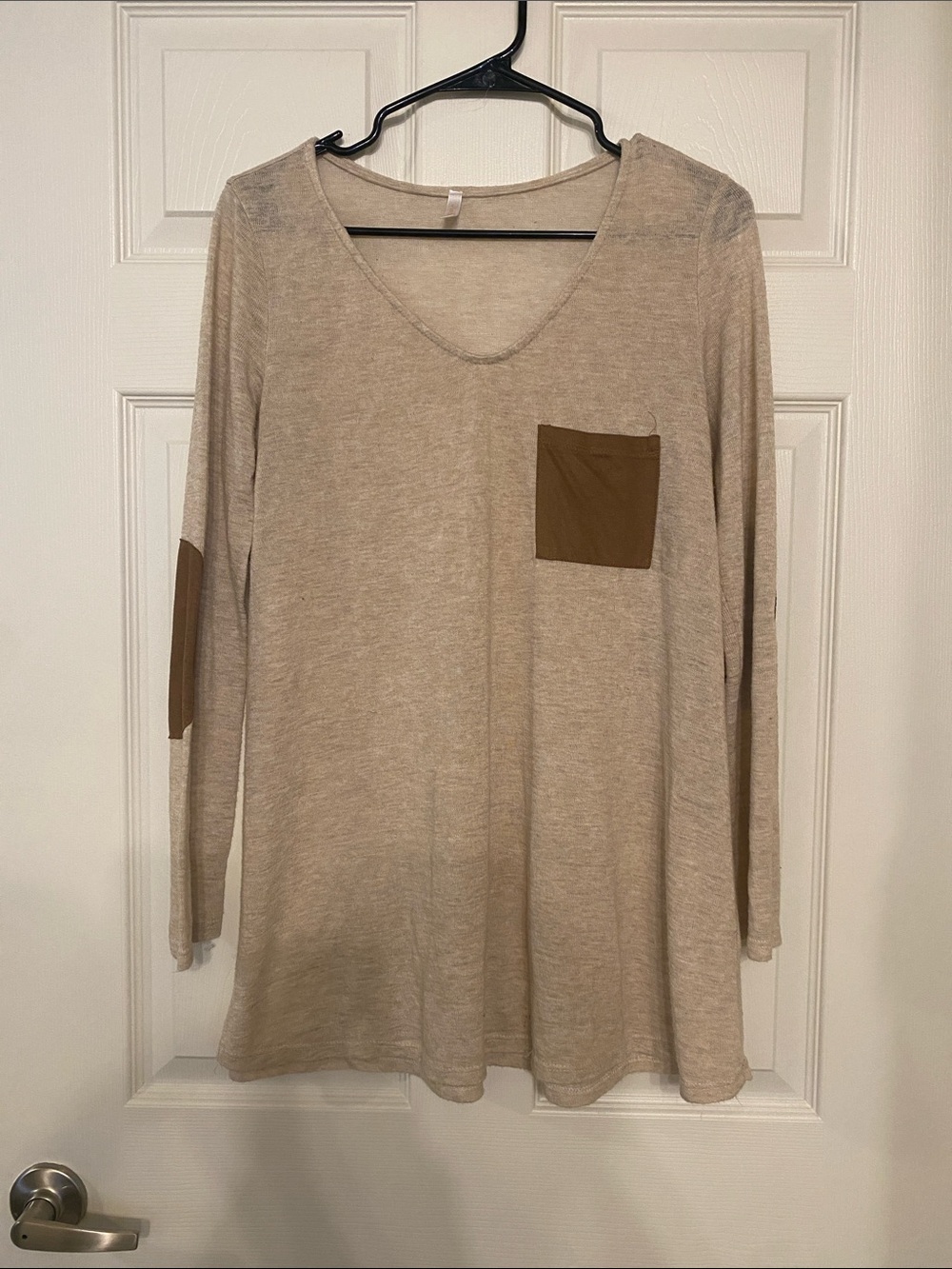 Pinkblush Beige V-Neck Long Sleeve Top with Brown Accent Pocket